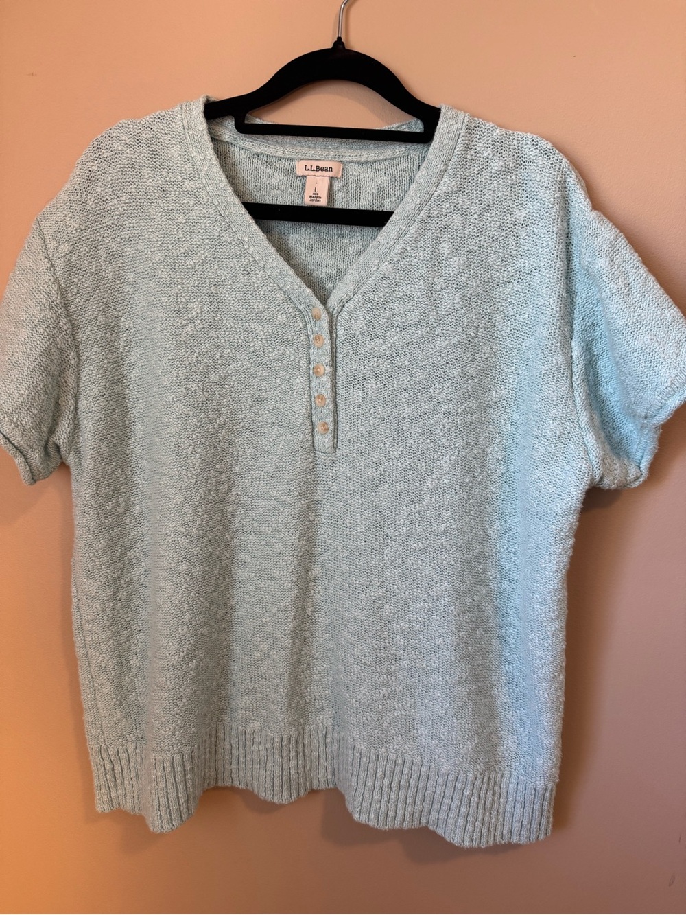 L.L. BEAN Women's 100% Cotton Short Sleeve Henley Knit Sweater LARGE